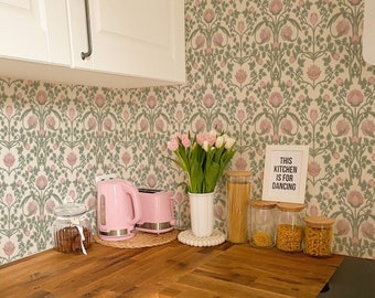 Pastel Damask Wallpaper. Pink and Green. Feminine decor. Peel and Stick Wallpaper. and Traditional Options. Removable. *