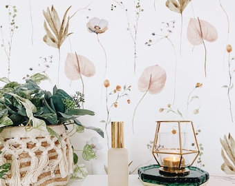 Modern Neutral Floral Wallpaper. Neutral Colors.  Peel and Stick and Traditional Wallpaper Options. Removable. Accent Wall. 25 inch