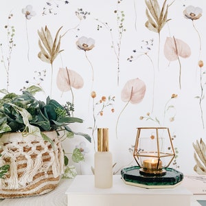 Modern Neutral Floral Wallpaper. Neutral Colors.  Peel and Stick and Traditional Wallpaper Options. Removable. Accent Wall. 25 inch