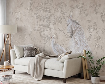 Mural de papel pintado de pavo real. Papel pintado mural para dormitorio. Removible Peel and Stick + Opciones de papel tapiz tradicional. Murales florales.