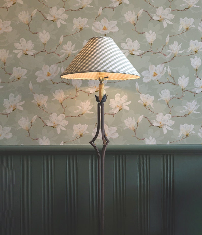 White Magnolia Wallpaper. Neutral Colours. Peel and Stick and Traditional Wallpaper Options. Removable. Accent Wall. Green Backing. * image 1