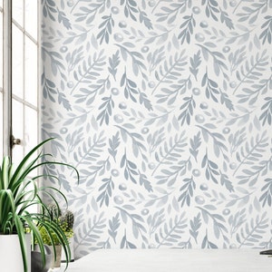 Pale Blue Watercolor Floral Wallpaper. Modern, minimal, watercolor wallpaper. Peel and Stick Wallpaper. Removable. Accent Wall. *