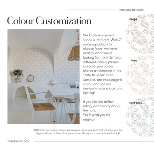 May include: A graphic showing three different color options for wallpaper: beige, linen, and light sage. The text reads "Colour Customization" and "We know everyone's space is different. With 71 amazing colours to choose from - we have exactly what you're looking for! To order in a different colour, please indicate your colour choice at checkout in the "note to seller" area. Samples are encouraged so you can see our designs in your space and lighting! If you like the default listing, don't worry about the note. We'll send you the original! NOTE: for our custom colours we apply a colour gradient that will show you the highs and lows of the colour you choose! Giving you a monochromatic look!"
