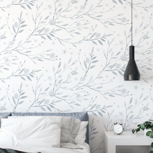 Pale Blue Floral Wallpaper. Watercolor Design. Peel and Stick and Traditional Wallpaper Options. Multiple colors available. *