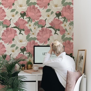 Papier peint floral Maggie. Options de papier peint autocollant et traditionnel. Amovible. Mur d'accent. Floral.