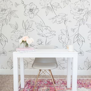 Large Floral Mural. Black and White. Removable Peel + Stick and Traditional Wallpaper Options.  Multiple Colors Available. Chic. *