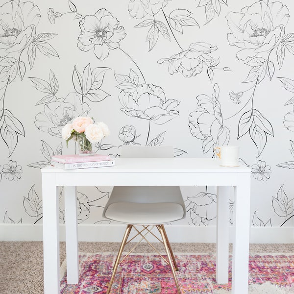 Black and White Floral Wallpaper Etsy