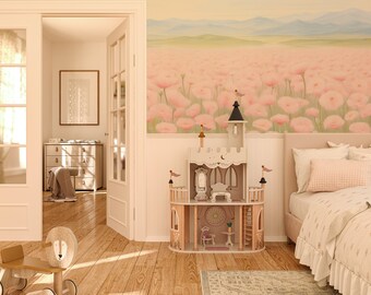 Meadow Dreaming Mural. Bedroom Mural Wallpaper. Removable Peel and Stick + Traditional Wallpaper Options. Kids Bedroom wallpaper. Floral.