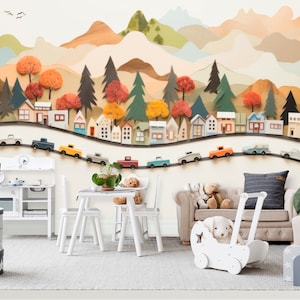 Craft Cars Mural. Bedroom Mural Wallpaper. Removable Peel and Stick + Traditional Wallpaper Options.  Nursery Mural Wallpaper. Cars. Train.