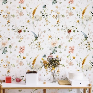Garden Floral Wallpaper. Original Colors.  Peel and Stick and Traditional Wallpaper Options. Removable. Accent Wall. Bedroom Wallpaper. *