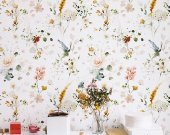 Garden Floral Wallpaper. Original Colors.  Peel and Stick and Traditional Wallpaper Options. Removable. Accent Wall. Bedroom Wallpaper. *