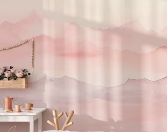 Decorazione murale con montagna pastello. Carta da parati murale per camera da letto. Peel and Stick rimovibile + opzioni di carta da parati tradizionale. Cameretta per bambini. Montagna rosa.