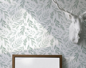 Light Sage Watercolor Floral Wallpaper. Modern, minimal, watercolor wallpaper. Peel and Stick Wallpaper. Removable. Accent Wall. *