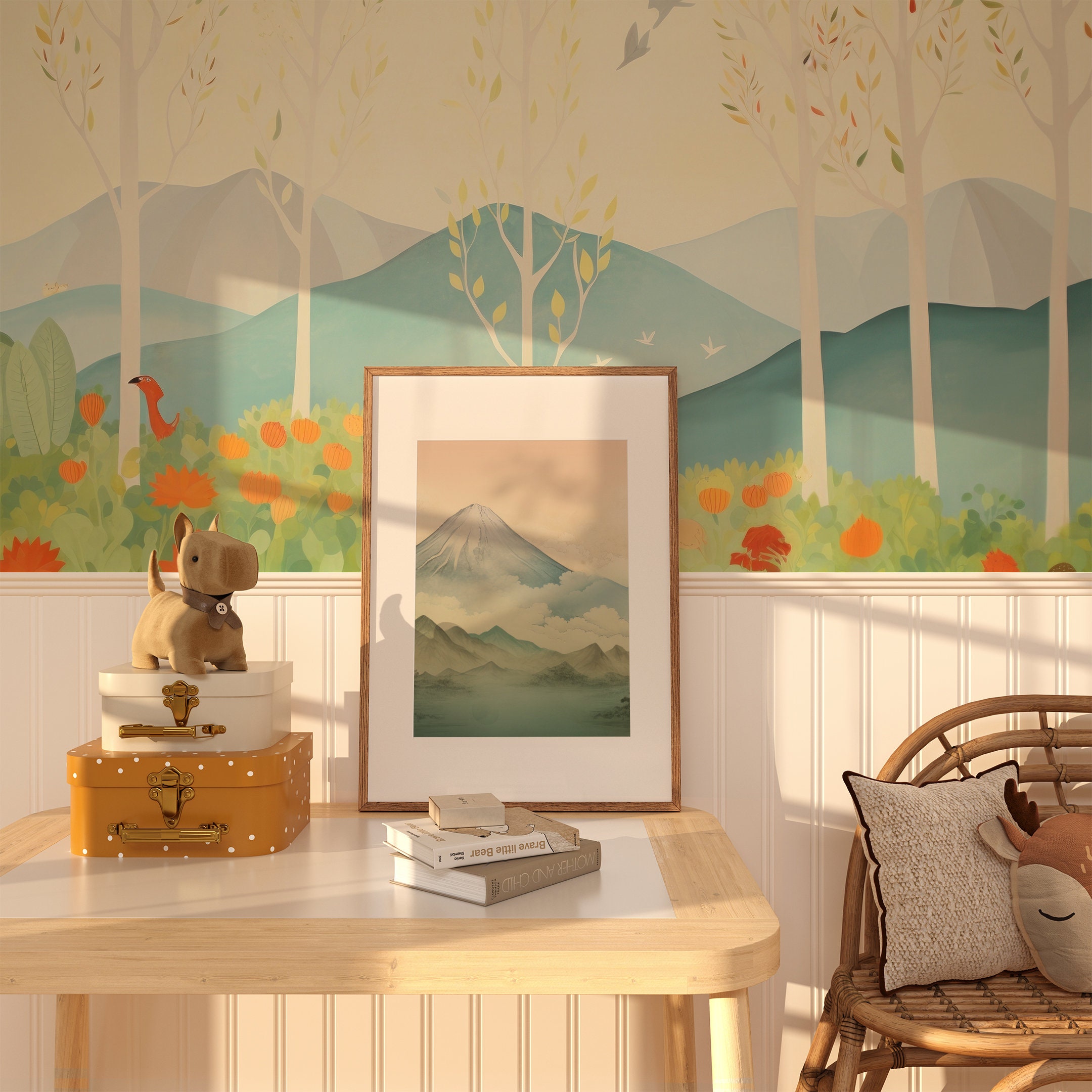 Blue Mountain Mural. Bedroom Mural Wallpaper. Removable Peel and Stick + Traditional Wallpaper Options. Kids Bedroom wallpaper. Wildflower.