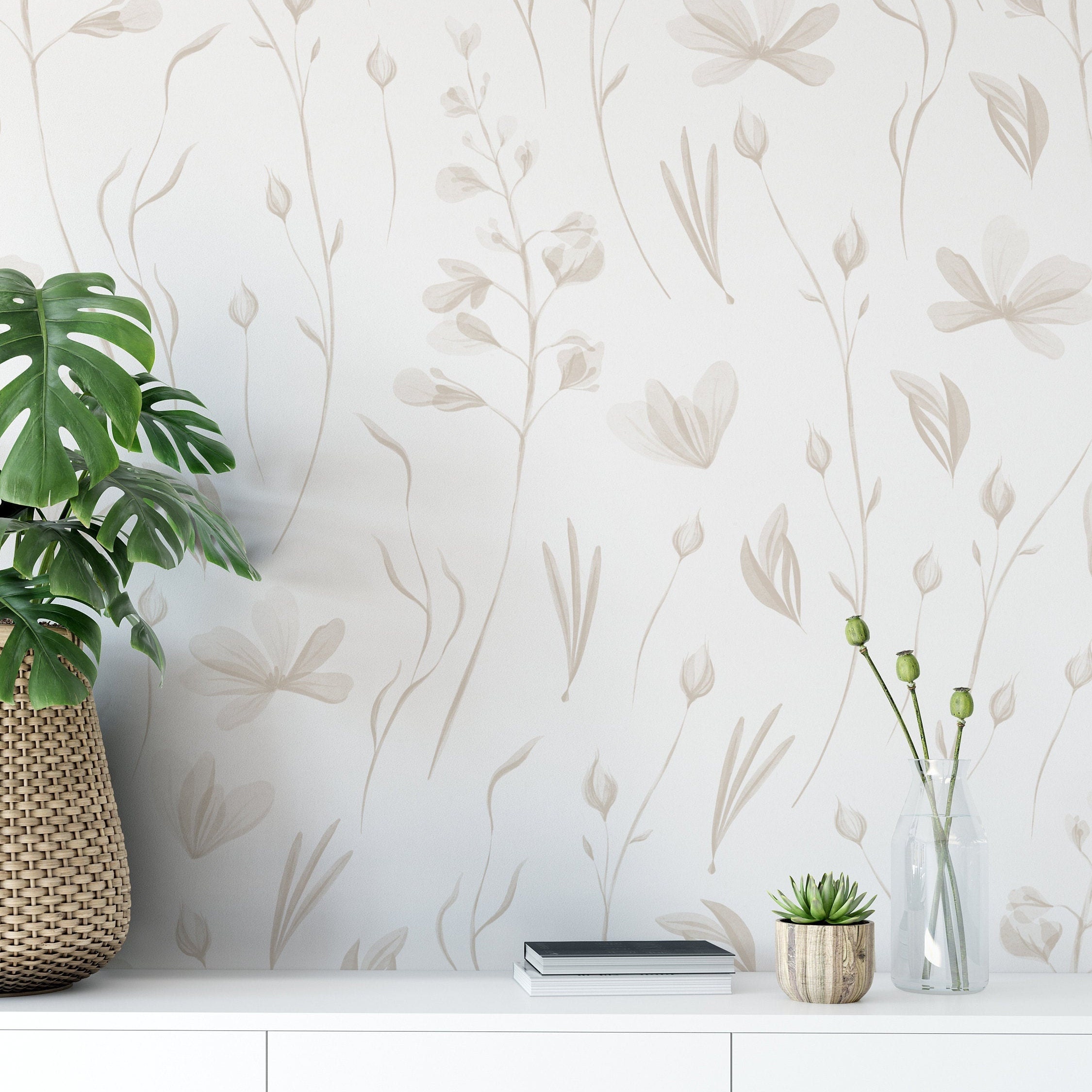 Warm Grey Floral Wallpaper. Peel and Stick Wallpaper. Etsy Canada