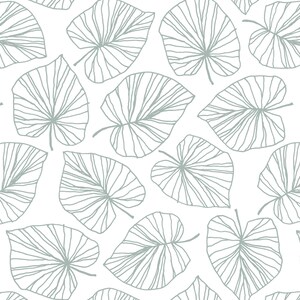 May include: A seamless pattern featuring a repeating design of light blue leaves with a white background.