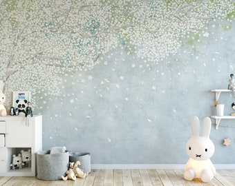 Blue Sakura Wallpaper Mural. Bedroom Mural Wallpaper. Removable Peel and Stick + Traditional Wallpaper Options. Floral Mural.