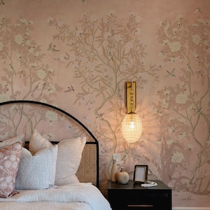 Fondo de pantalla de Chinoiserie rosa. Pintado a mano. Papel pintado mural vintage. Papel pintado mural de textura despegar y pegar. Opciones de tamaño. Mural de dormitorio.