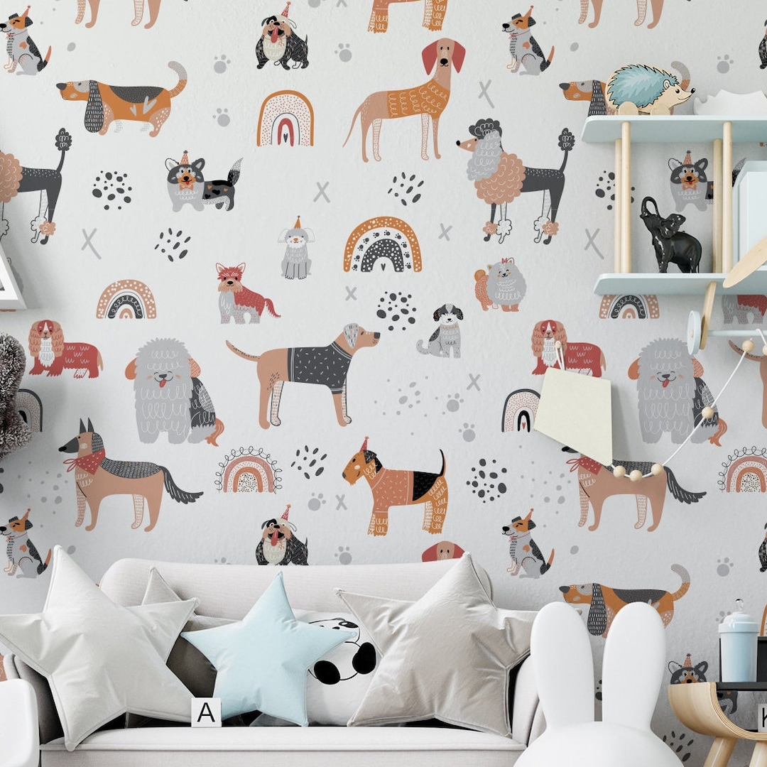 Nursery Wallpaper. Dogs and Puppies. Peel Stick and Traditional Options. Accent Wall. Nursery