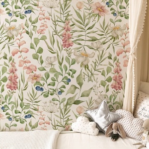 Wild Berries Wallpaper. Watercolor. Spring 2022. Color: Original. Peel and Stick or Traditional Wallpaper Options. Modern. *