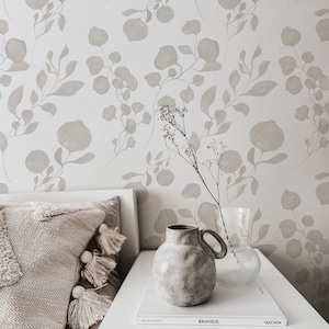 Papel de parede floral neutro Boho. Cor: Original/Neutro. Opções de papel de parede descascado e colado ou tradicional. Parede de destaque. 25 polegadas. *