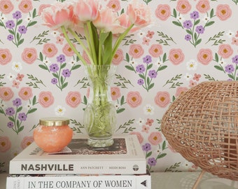 Fredlig Flowers Wallpaper. Removable Peel + Stick and Traditional Wallpaper Options. 25 Inch. Floral Funky Wallpaper. Pink floral wallpaper.