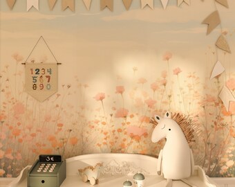 Spring Valley Mural. Bedroom Mural Wallpaper. Removable Peel and Stick + Traditional Wallpaper Options. Kids Bedroom wallpaper. Wildflower.