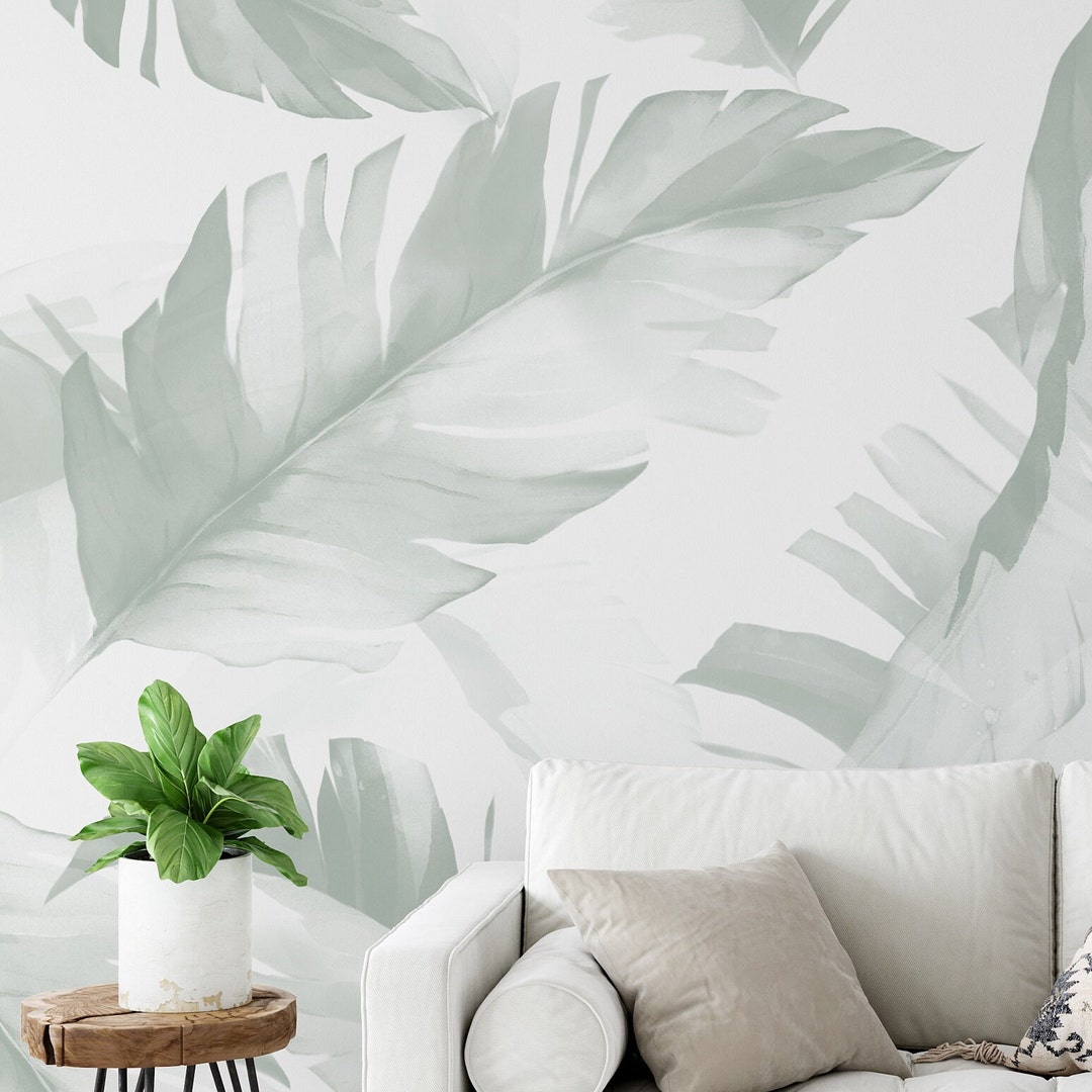 Light Sage Tropical Floral Wallpaper. Peel and Stick Wallpaper