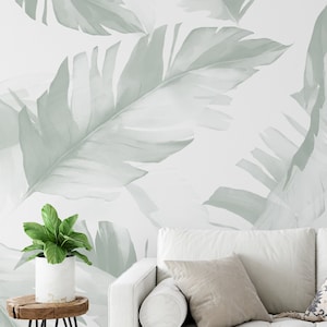 Light Sage Tropical Floral Wallpaper. Peel and Stick Wallpaper. Removable. Accent Wall. Multiple color options available. *