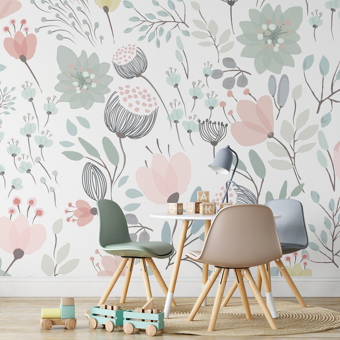 Nursery Wallpaper/mural. Watercolor Floral. Peel and Stick and