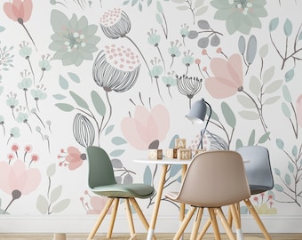 Nursery Wallpaper/Mural. Watercolor Floral. Peel and Stick and Traditional Wallpaper Options. Accent Wall. 100&quot; Repeat.