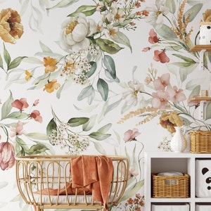 Large Floral Mural Wallpaper. Watercolor Floral. Peel and Stick Removable and Traditional Option. 75" Repeat. Multiple BG Colors. *