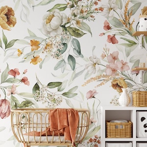Großes Florales Wandbild Wallpaper. Aquarell Blumen. Peel and Stick Abnehmbare und Traditionelle Option. 75 ""Wiederholung. Mehrere BG-Farben. *"