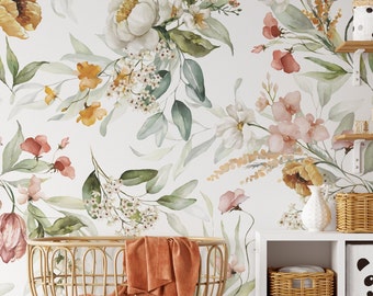 Large Floral Mural Wallpaper. Watercolor Floral. Peel and Stick Removable and Traditional Option. 75" Repeat. Multiple BG Colors. *