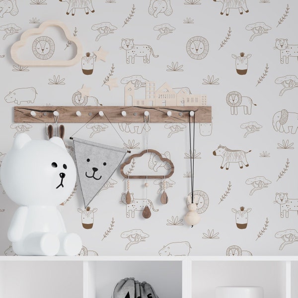 Nursery Safari Jungle Wallpaper. Lion, Hippo, Elephant Wallpaper. Peel + Stick Wallpaper and Traditional Options. Multiple Colors. *