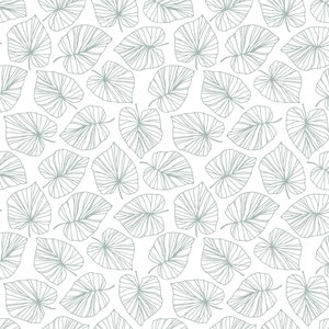 May include: A seamless pattern of light gray leaves with a delicate line design on a white background.