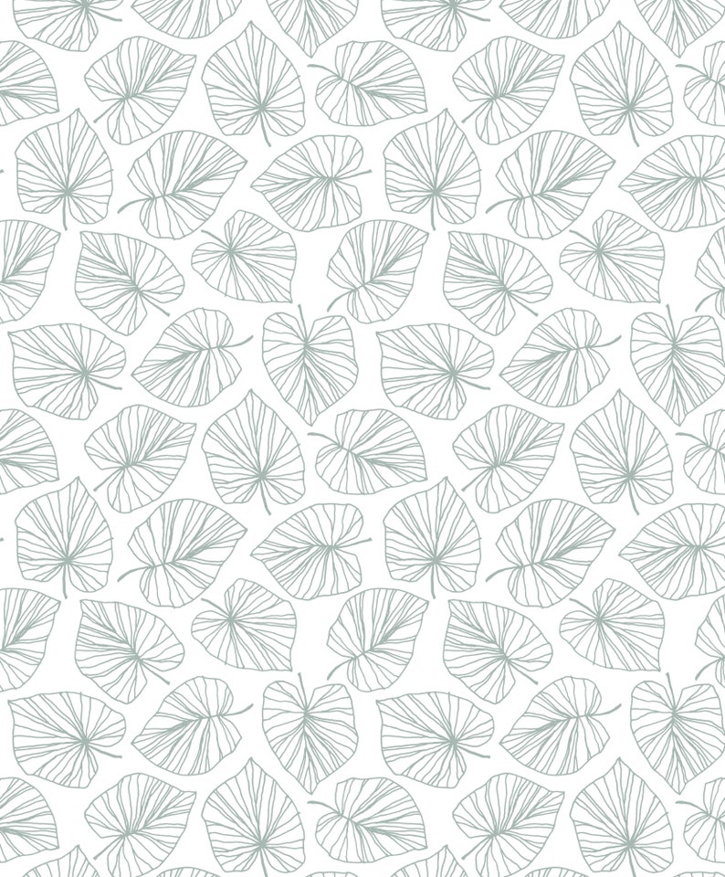 May include: A seamless pattern of light gray leaves with a delicate line design on a white background.