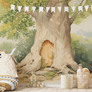 Pooh's House Mural. Bedroom Mural Wallpaper. Removable Peel and Stick + Traditional Wallpaper Options. Modern Mural. Tree Mural. Nursery.