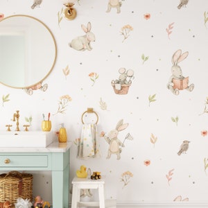 Watercolor Baby Bunnies Wallpaper.  Peel and Stick Wallpaper. Removable. Accent Wall. Nursery Wallpaper. Kids Wallpaper. *