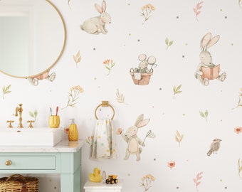 Watercolor Baby Bunnies Wallpaper.  Peel and Stick Wallpaper. Removable. Accent Wall. Nursery Wallpaper. Kids Wallpaper. *