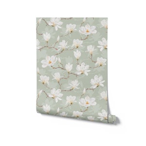 White Magnolia Wallpaper. Neutral Colours. Peel and Stick and Traditional Wallpaper Options. Removable. Accent Wall. Green Backing. * image 8