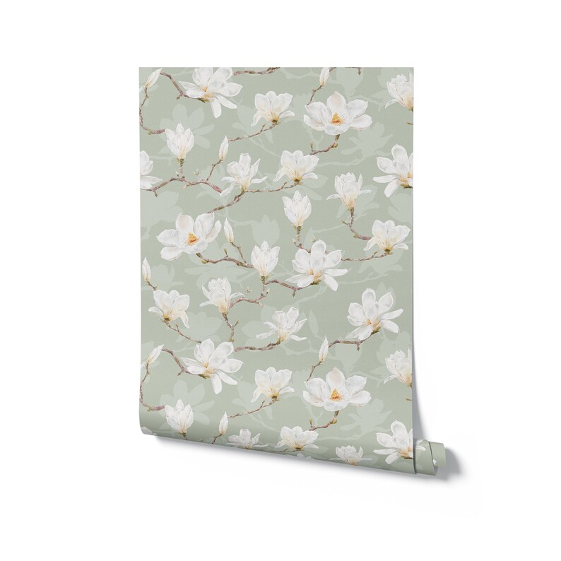 White Magnolia Wallpaper. Neutral Colours. Peel and Stick and Traditional Wallpaper Options. Removable. Accent Wall. Green Backing. * image 8
