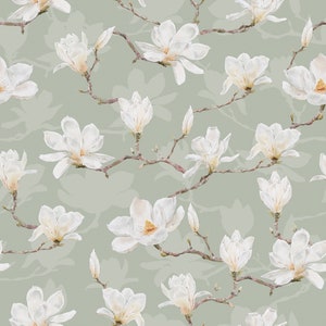 White Magnolia Wallpaper. Neutral Colours. Peel and Stick and Traditional Wallpaper Options. Removable. Accent Wall. Green Backing. * image 2