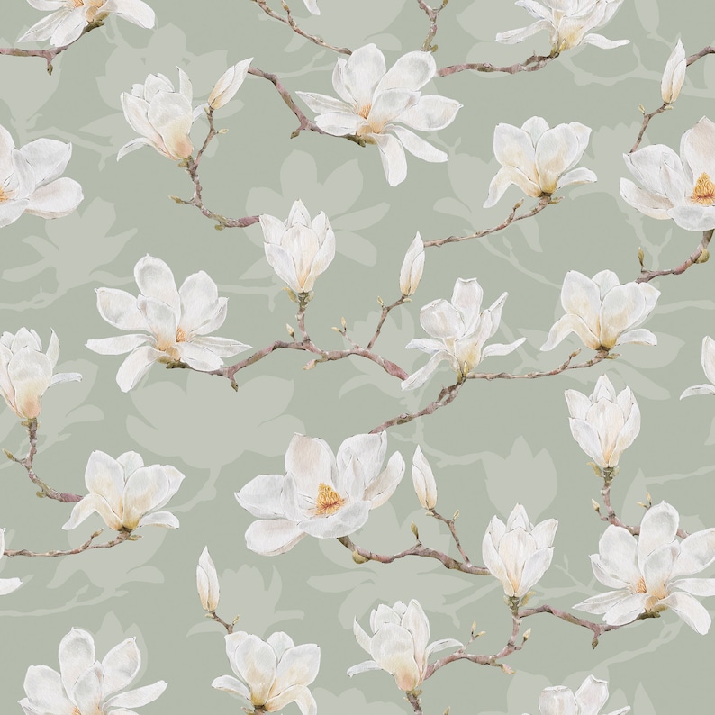 White Magnolia Wallpaper. Neutral Colours. Peel and Stick and Traditional Wallpaper Options. Removable. Accent Wall. Green Backing. * image 2