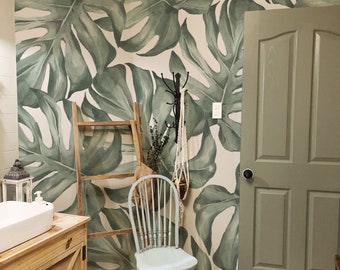 Modern Monstera Wallpaper - 75". Original Color. Peel and Stick Wallpaper. Removable Options. Available in Many Colors.