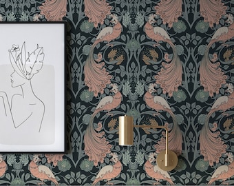 Morris Floral Wallpaper. Removable Peel + Stick and Traditional Wallpaper Options. Bedroom Wallpaper. Dark Floral Wallpaper. 25Inch. *