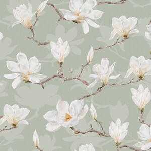 White Magnolia Wallpaper. Neutral Colours. Peel and Stick and Traditional Wallpaper Options. Removable. Accent Wall. Green Backing. * image 4