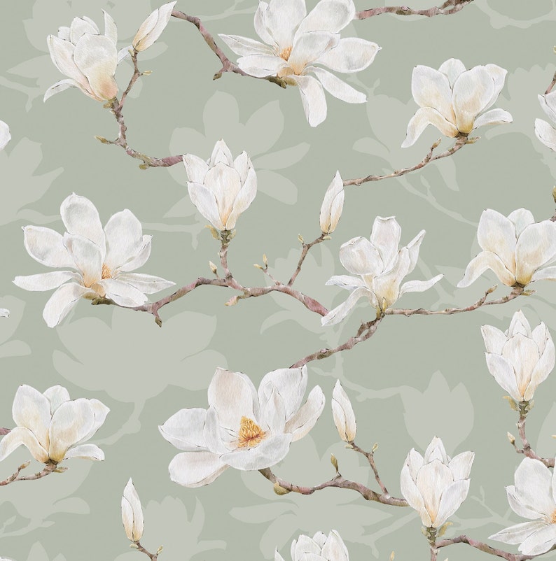 White Magnolia Wallpaper. Neutral Colours. Peel and Stick and Traditional Wallpaper Options. Removable. Accent Wall. Green Backing. * image 4