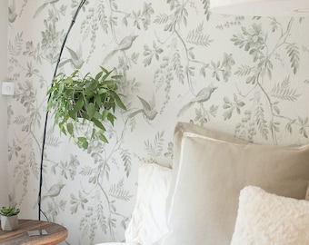 Blossoming Birds Wallpaper.  Peel and Stick and Traditional Wallpaper Options. Removable. Accent Wall. Olive Colour. *