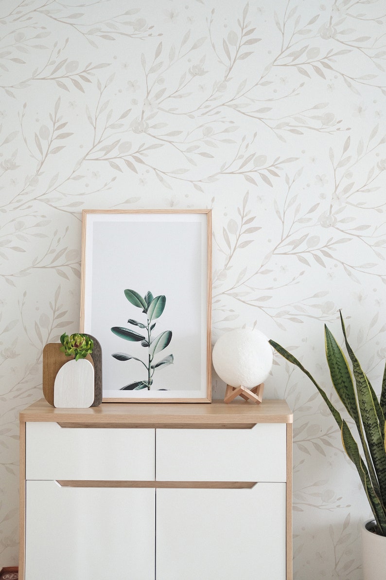 Minimal Floral Wallpaper. Linen Color Wallpaper. Peel and Stick Wallpaper. Removable. Multiple colors available. 25 Inch. image 1